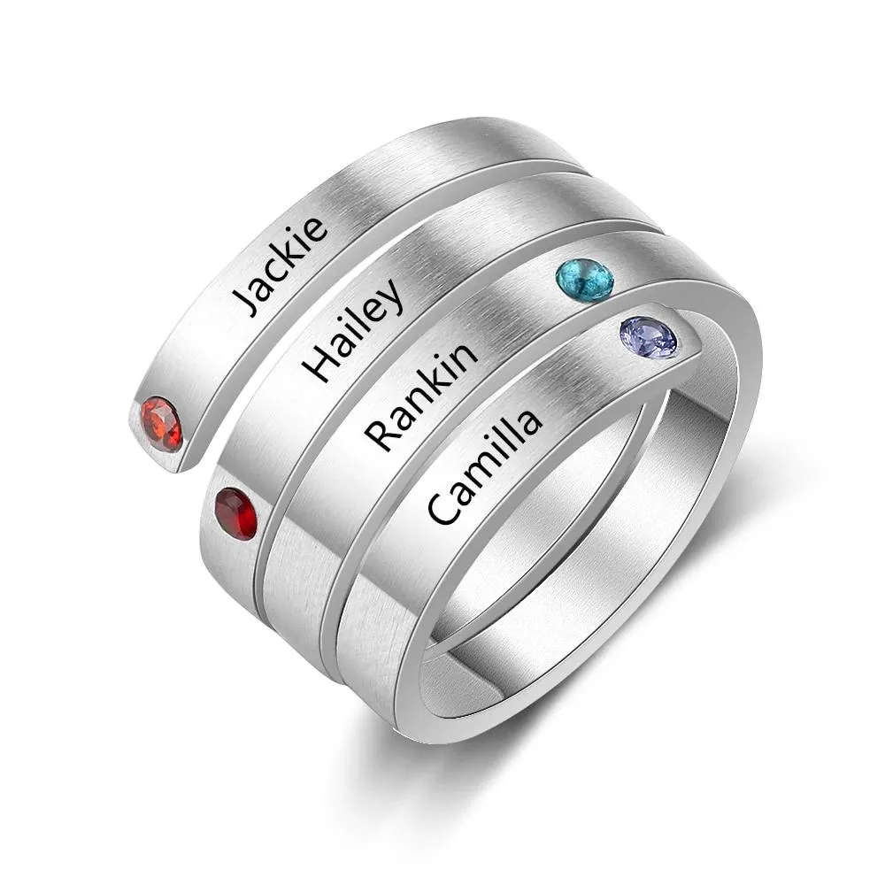 Personalized Women’s Stainless Steel Stackable Rings – Engrave Four Names – Four Custom Birthstones – Family Gift