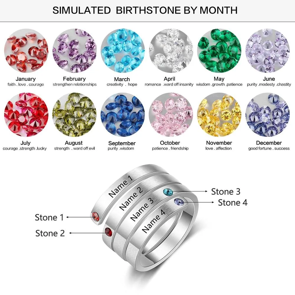 Personalized Women’s Stainless Steel Stackable Rings – Engrave Four Names – Four Custom Birthstones – Family Gift