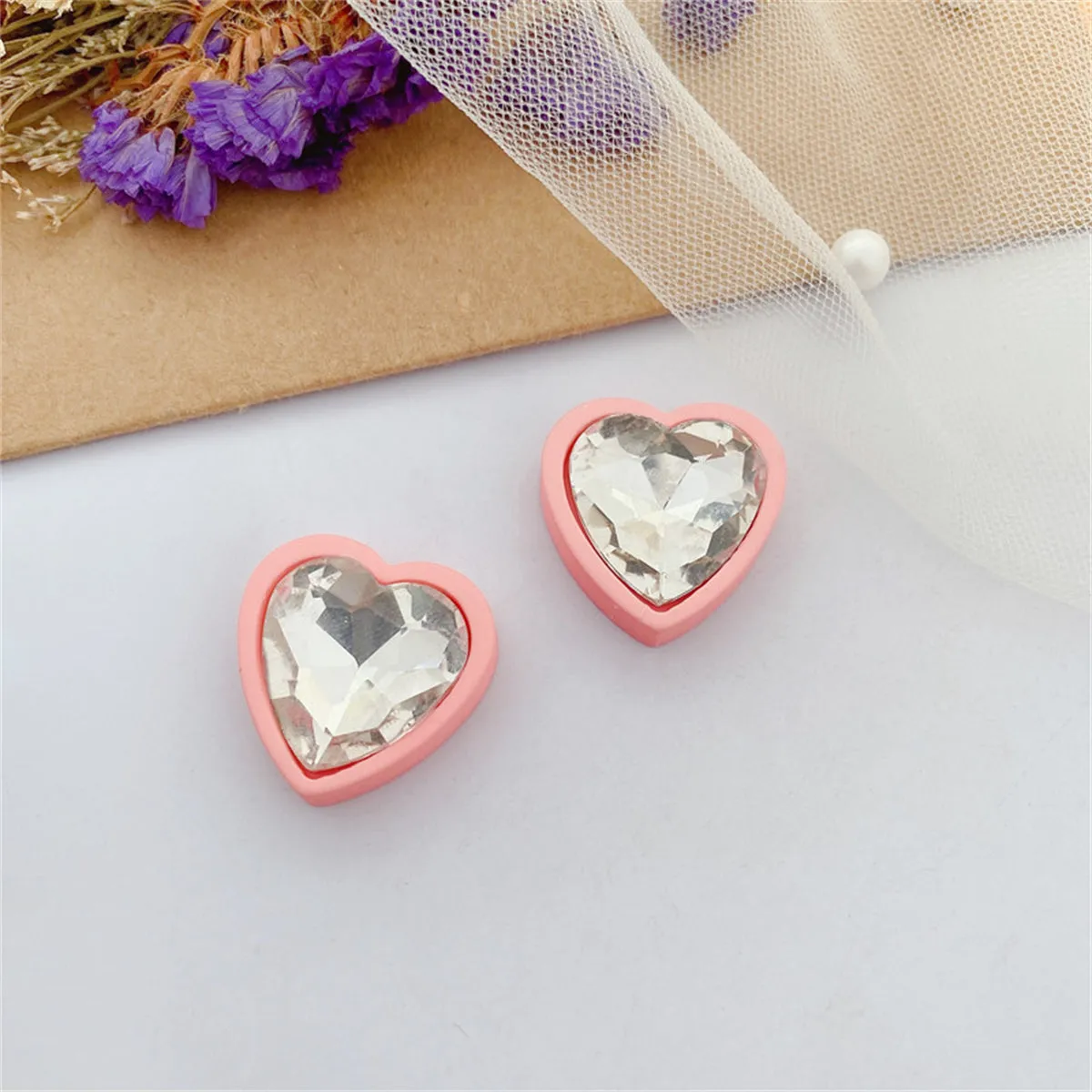 Pink & Crystal Heart Stud Earrings