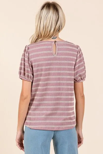 Pink Contrast Striped Short Puff Sleeve Knit Top