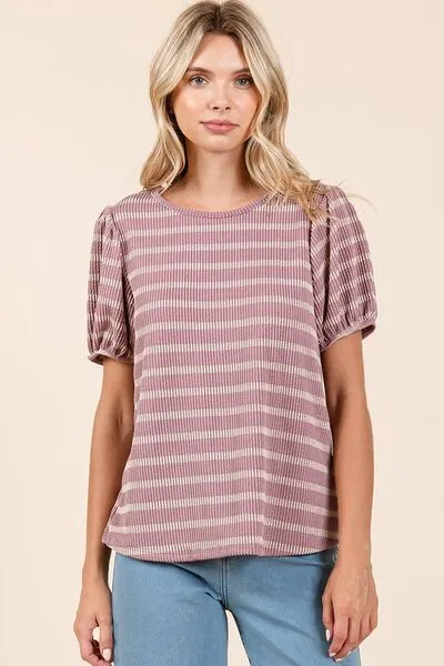 Pink Contrast Striped Short Puff Sleeve Knit Top