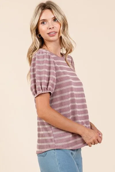 Pink Contrast Striped Short Puff Sleeve Knit Top