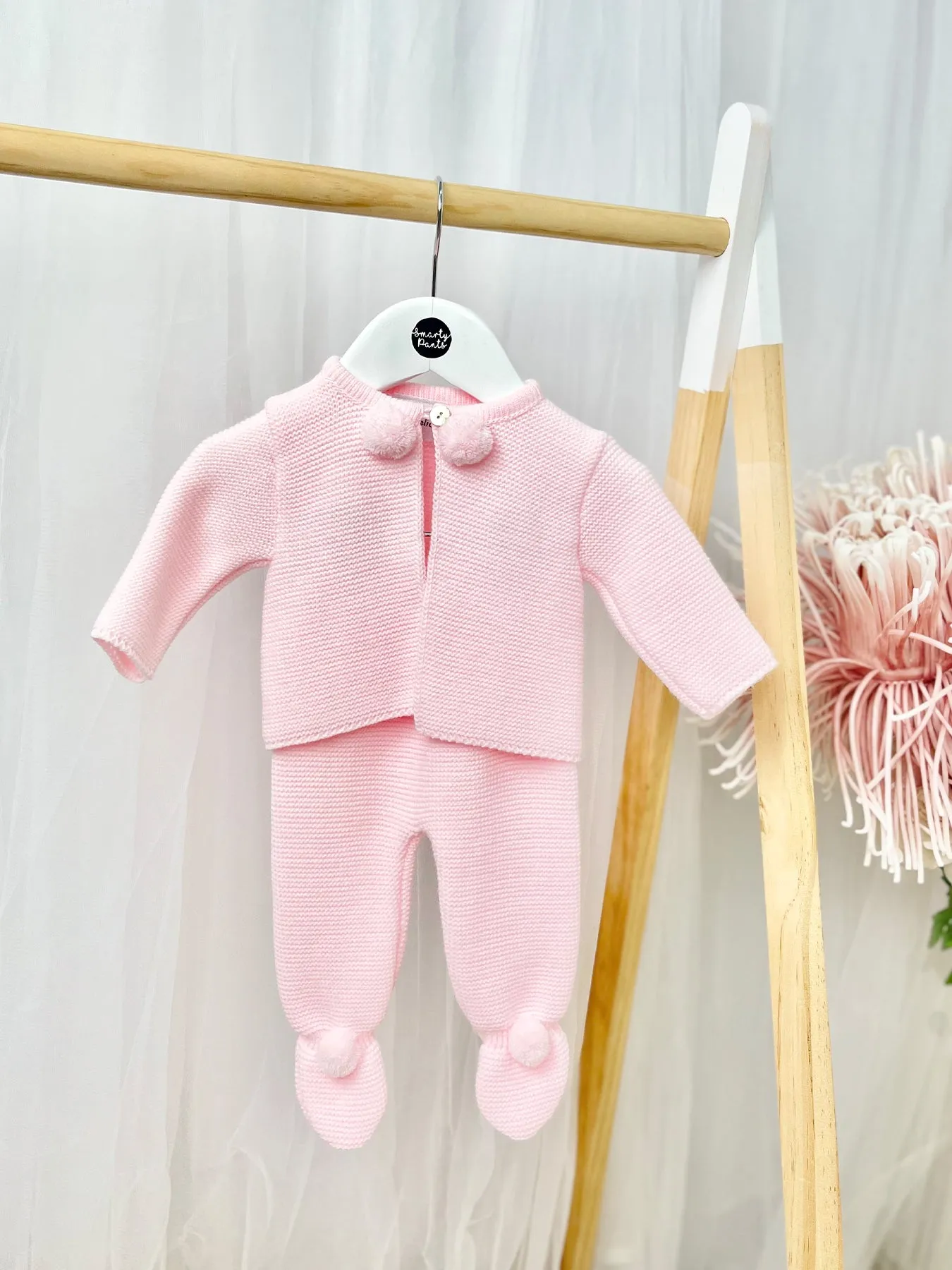 Pink Knitted Pom Pom Jacket and Trouser Set