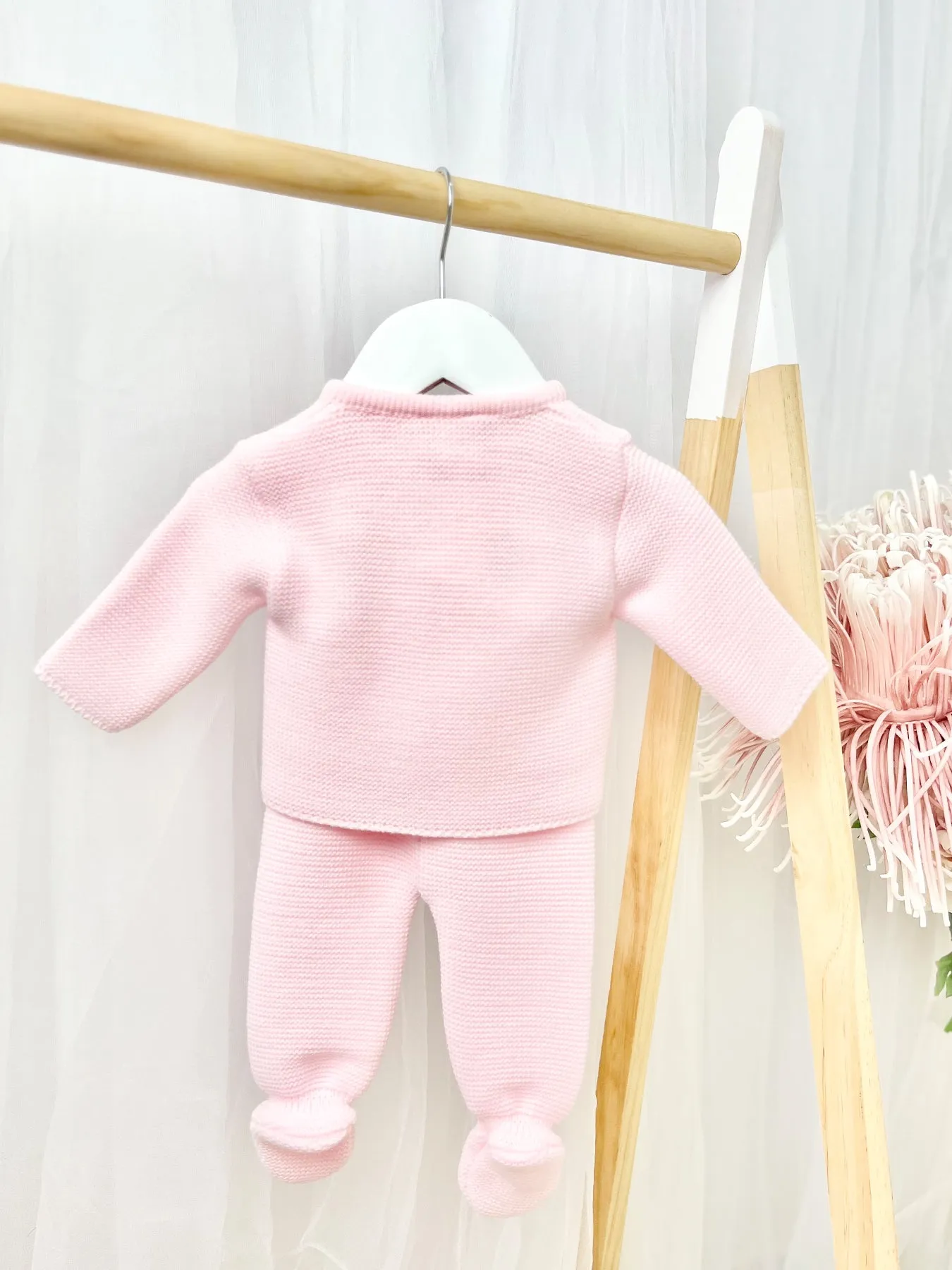 Pink Knitted Pom Pom Jacket and Trouser Set