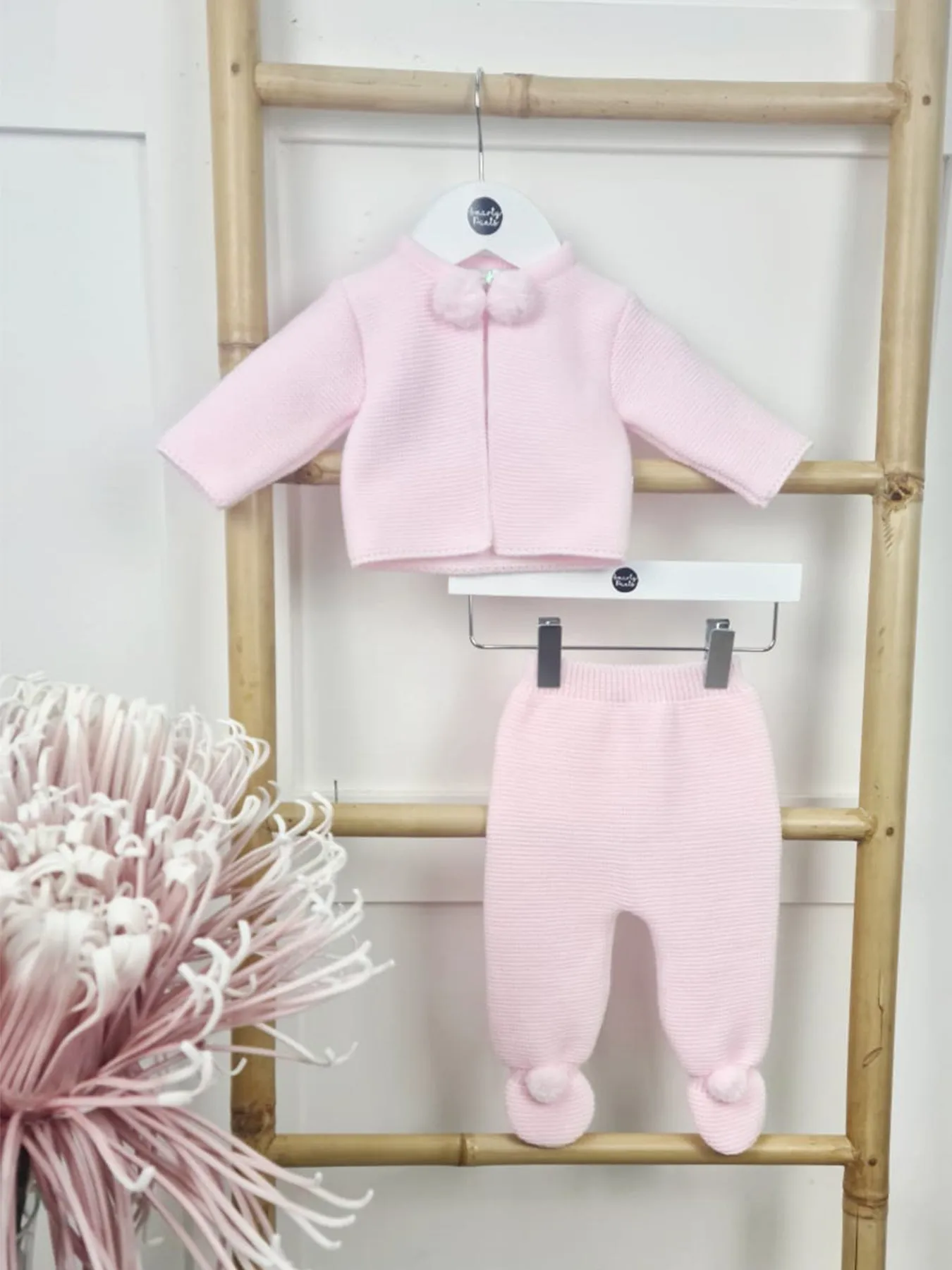 Pink Knitted Pom Pom Jacket and Trouser Set