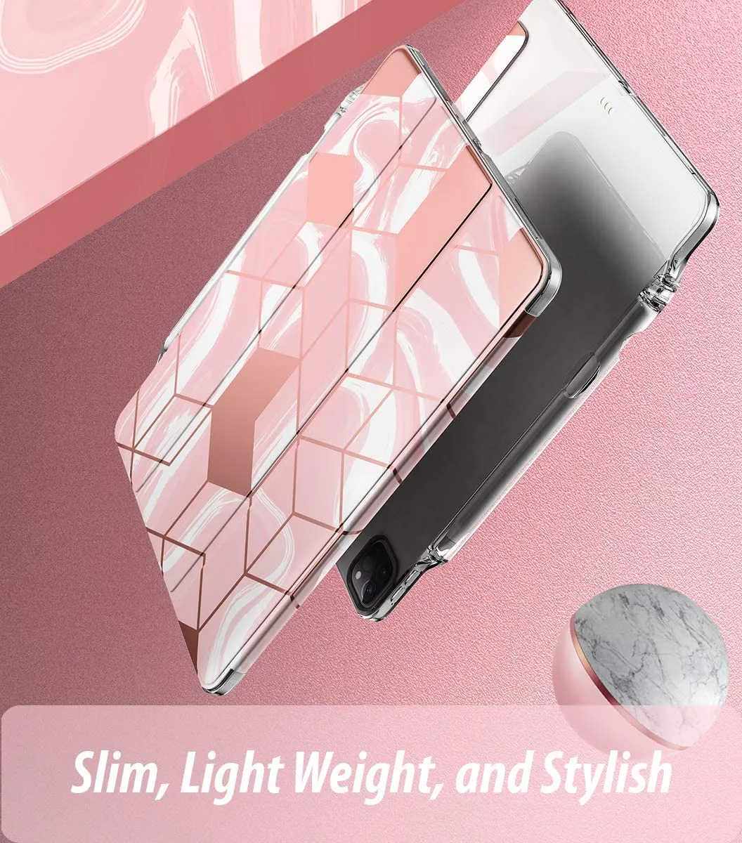 Popshine Marble Lite Series Designed for Apple iPad Pro, Smart Cover with Pencil Holder, Flexible Soft Clear TPU Back, Slim Fit Trifold Stand Folio Front, Liquid Marble Pink