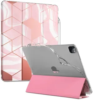 Popshine Marble Lite Series Designed for Apple iPad Pro, Smart Cover with Pencil Holder, Flexible Soft Clear TPU Back, Slim Fit Trifold Stand Folio Front, Liquid Marble Pink