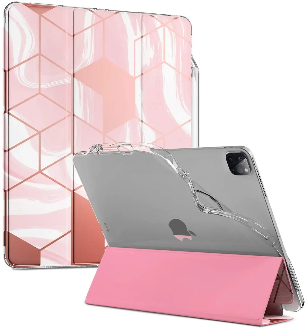 Popshine Marble Lite Series Designed for Apple iPad Pro, Smart Cover with Pencil Holder, Flexible Soft Clear TPU Back, Slim Fit Trifold Stand Folio Front, Liquid Marble Pink