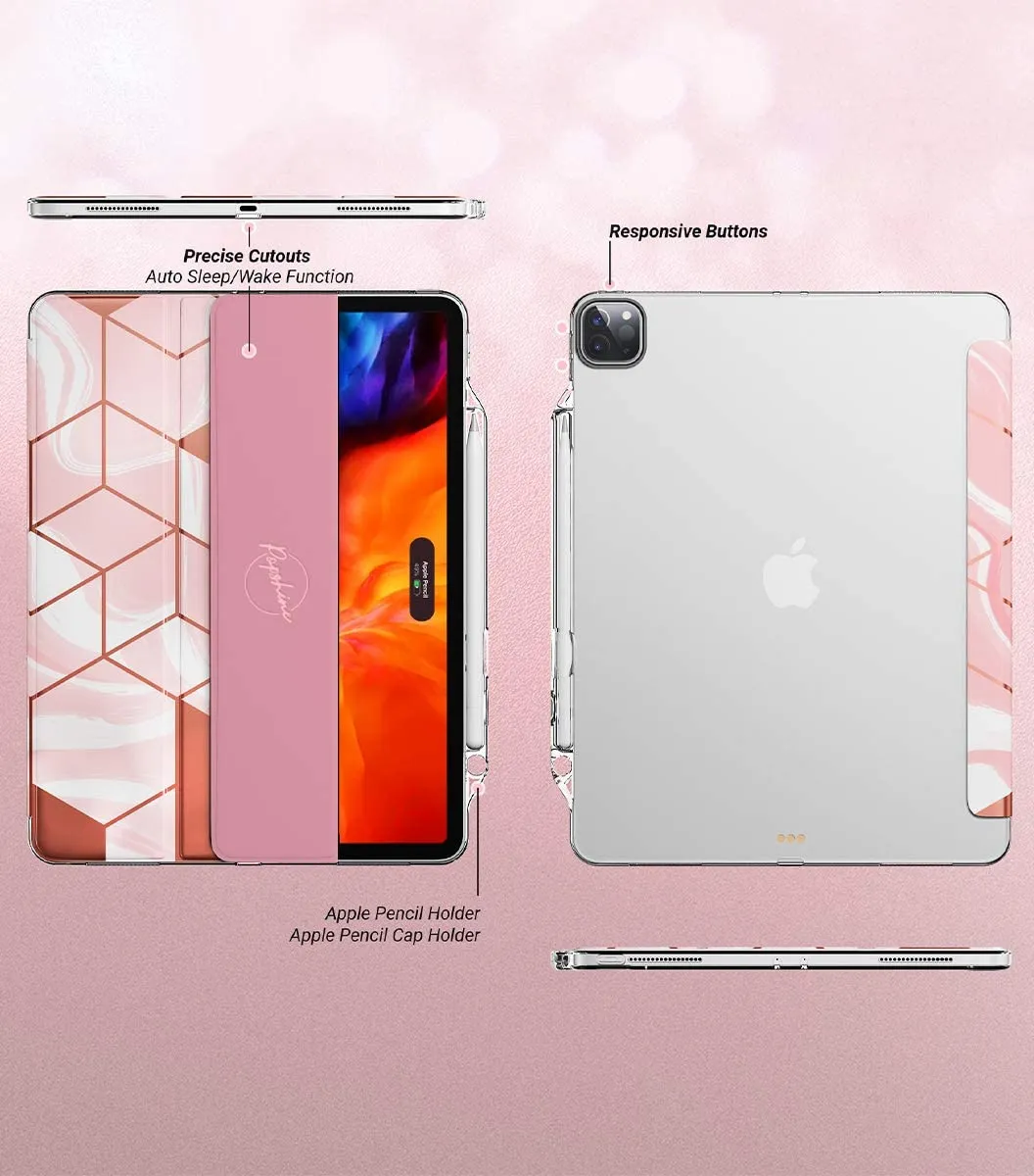 Popshine Marble Lite Series Designed for Apple iPad Pro, Smart Cover with Pencil Holder, Flexible Soft Clear TPU Back, Slim Fit Trifold Stand Folio Front, Liquid Marble Pink