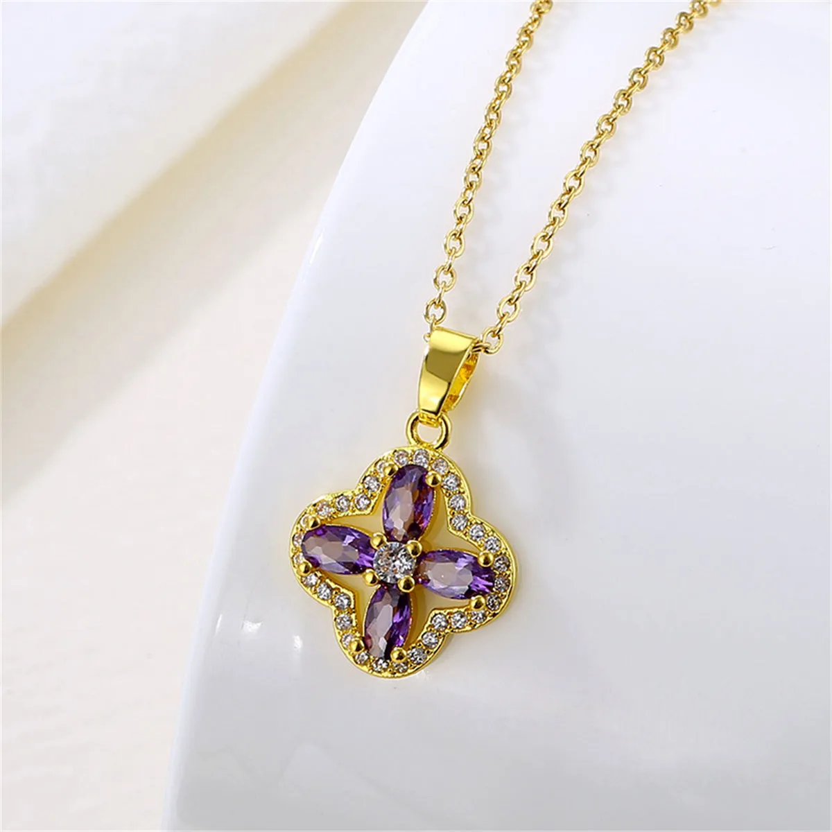 Purple Crystal & Cubic Zirconia 18K Gold-Plated Clover Pendant Necklace