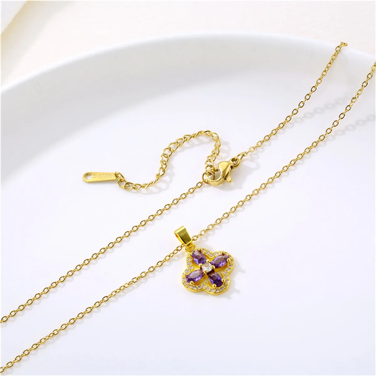 Purple Crystal & Cubic Zirconia 18K Gold-Plated Clover Pendant Necklace