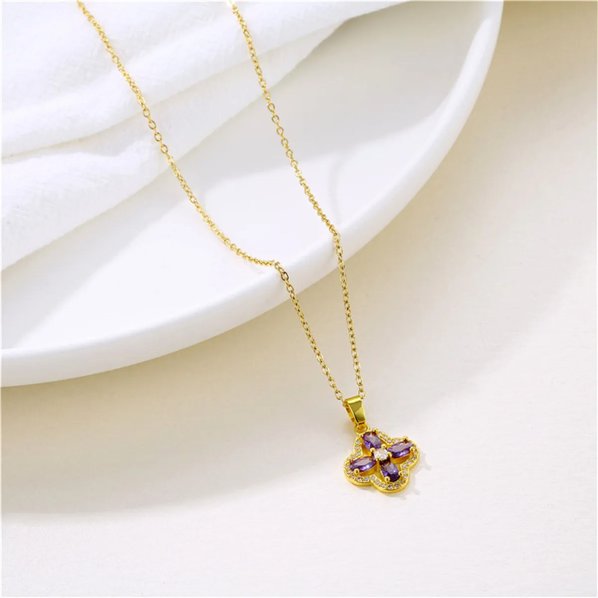 Purple Crystal & Cubic Zirconia 18K Gold-Plated Clover Pendant Necklace