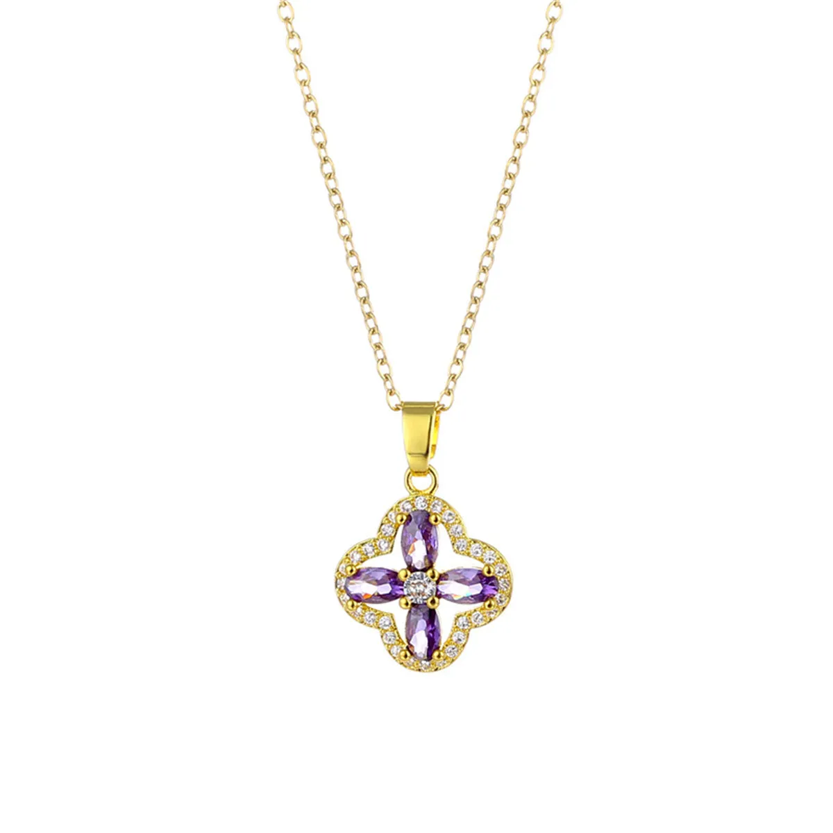 Purple Crystal & Cubic Zirconia 18K Gold-Plated Clover Pendant Necklace