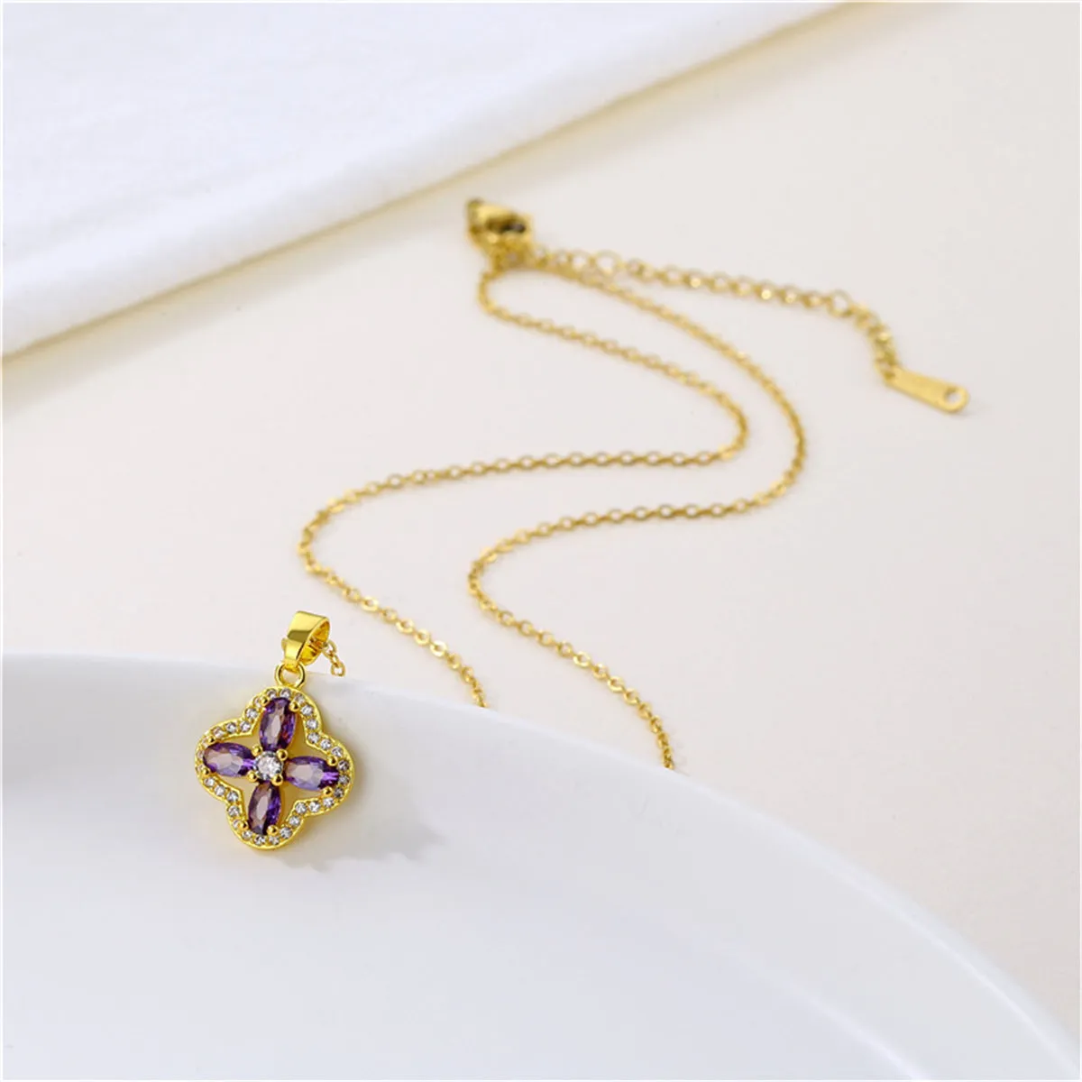 Purple Crystal & Cubic Zirconia 18K Gold-Plated Clover Pendant Necklace