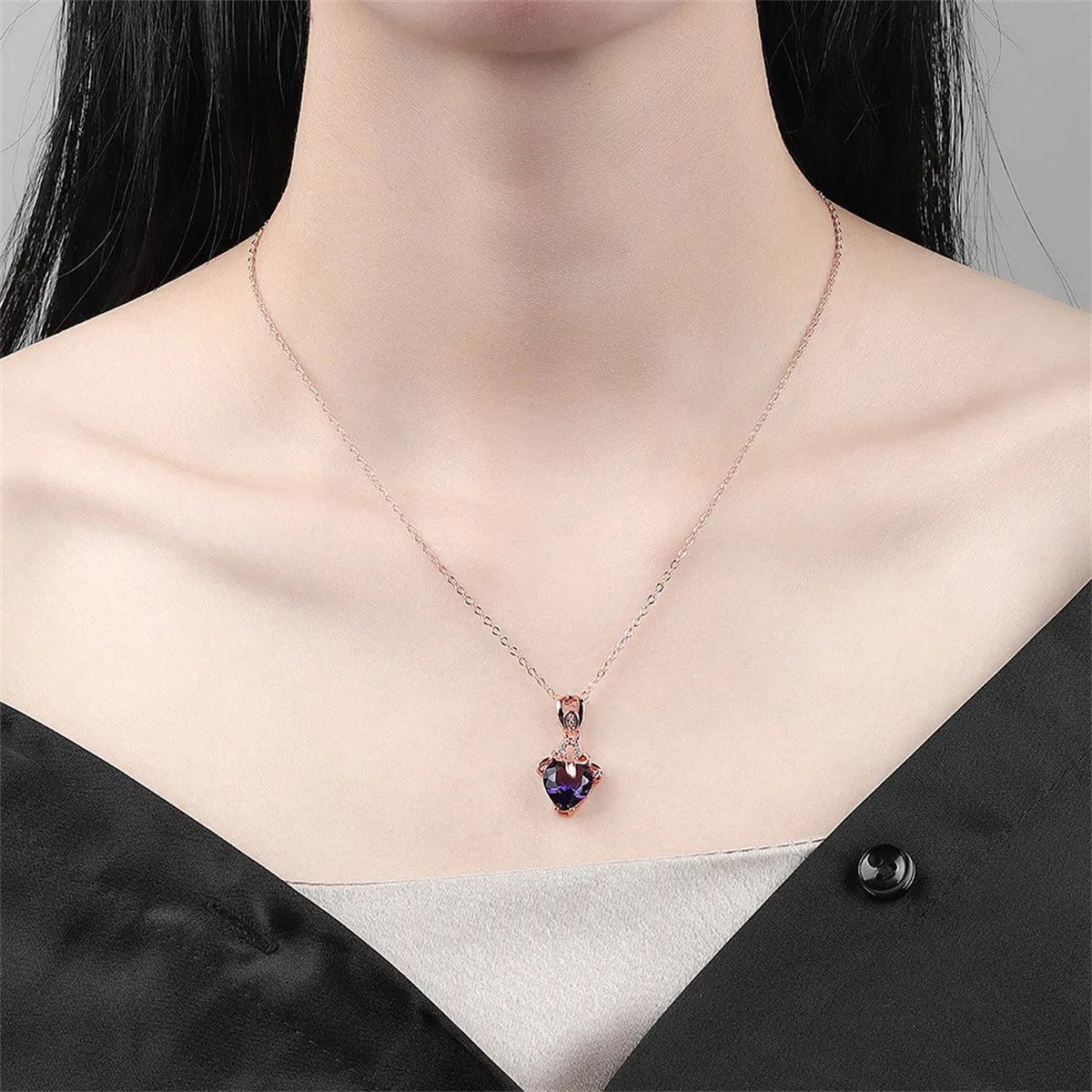Purple Crystal & Cubic Zirconia Heart Pendant Necklace