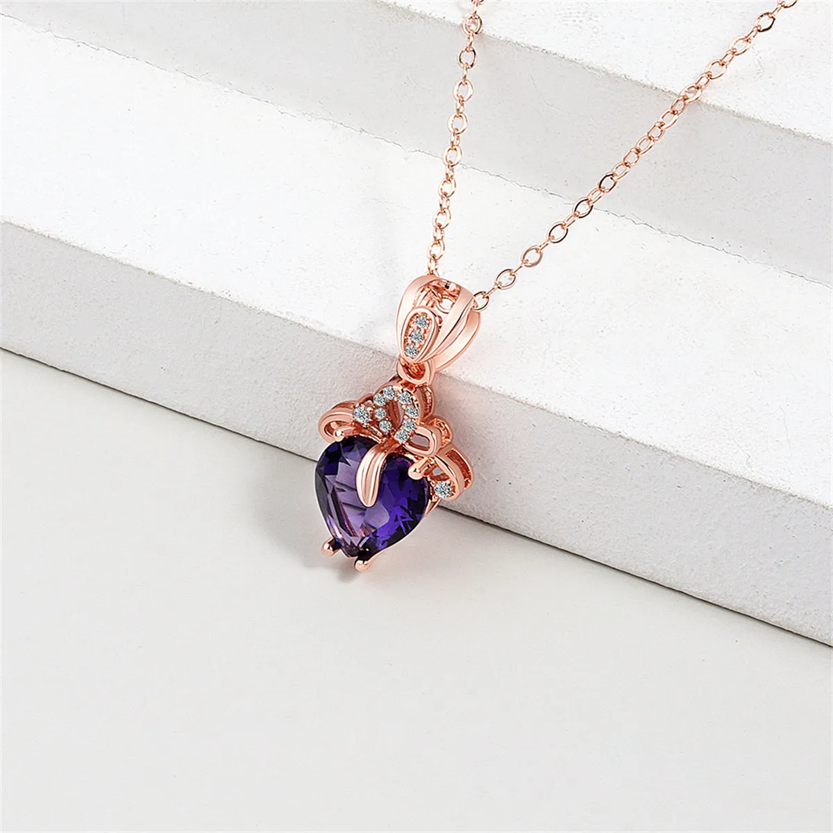 Purple Crystal & Cubic Zirconia Heart Pendant Necklace