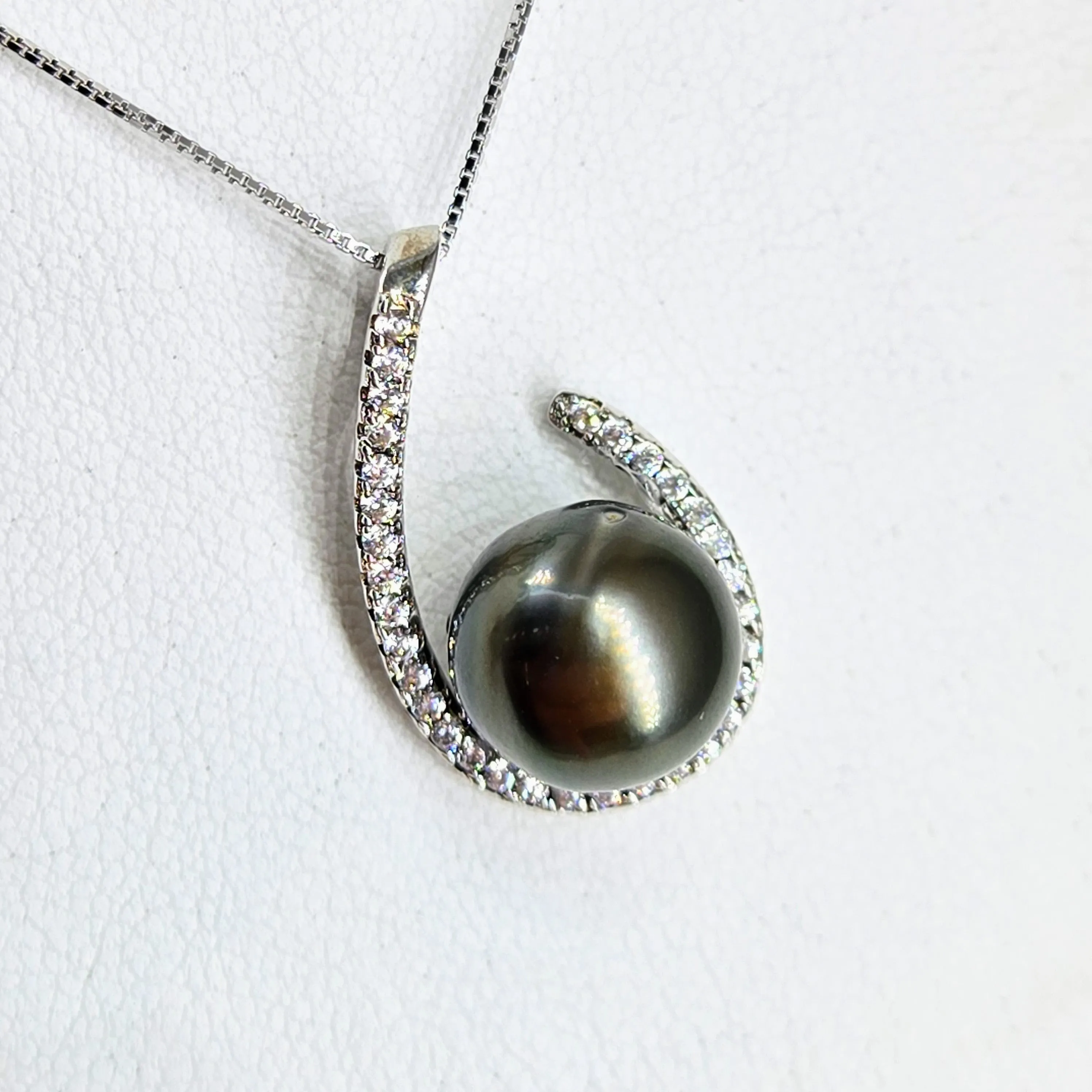"Hooked On Tahitians" Pendant Necklace - Tahitian Pearl, Zircon Crystals, Anti-tarnish Sterling