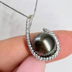 "Hooked On Tahitians" Pendant Necklace - Tahitian Pearl, Zircon Crystals, Anti-tarnish Sterling