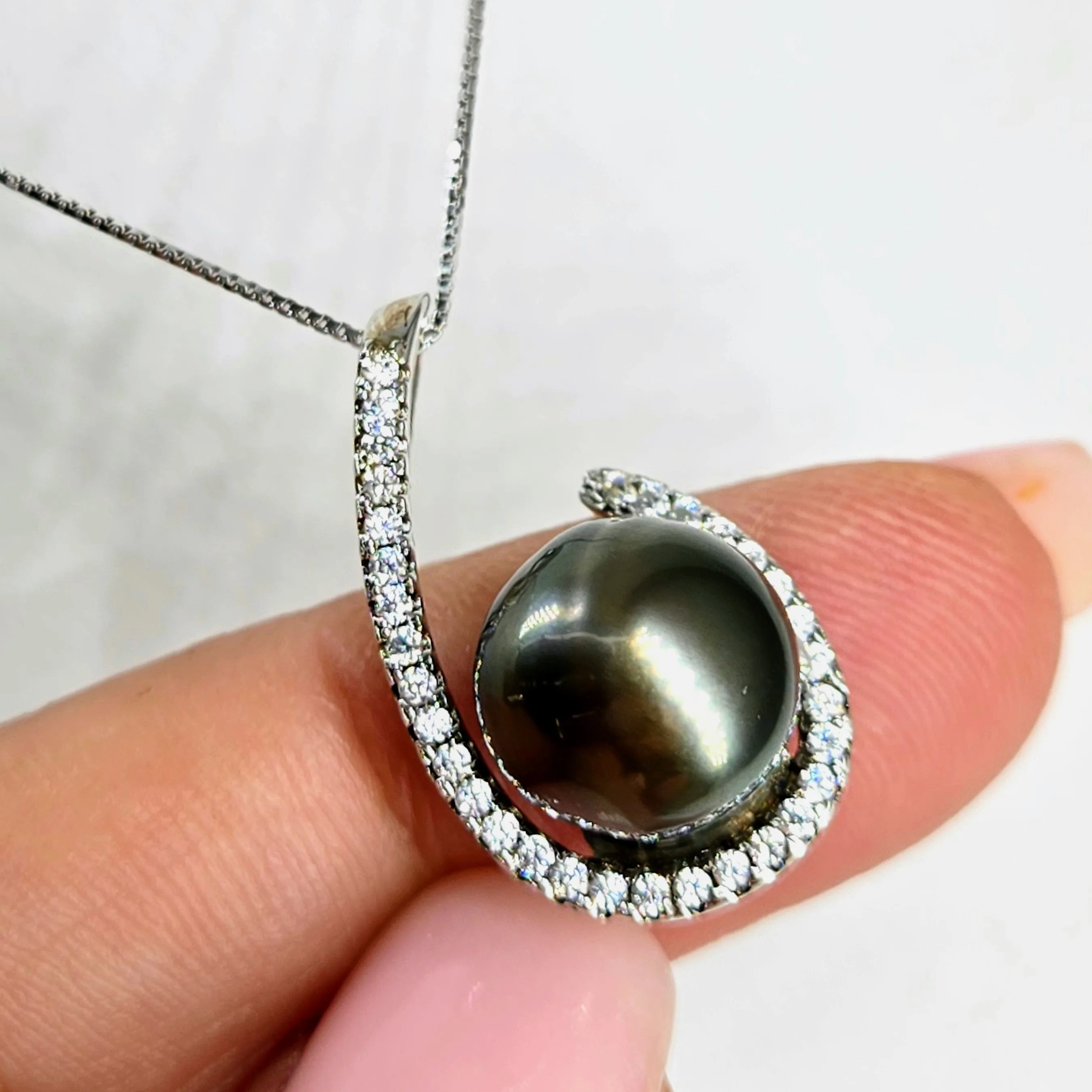 "Hooked On Tahitians" Pendant Necklace - Tahitian Pearl, Zircon Crystals, Anti-tarnish Sterling