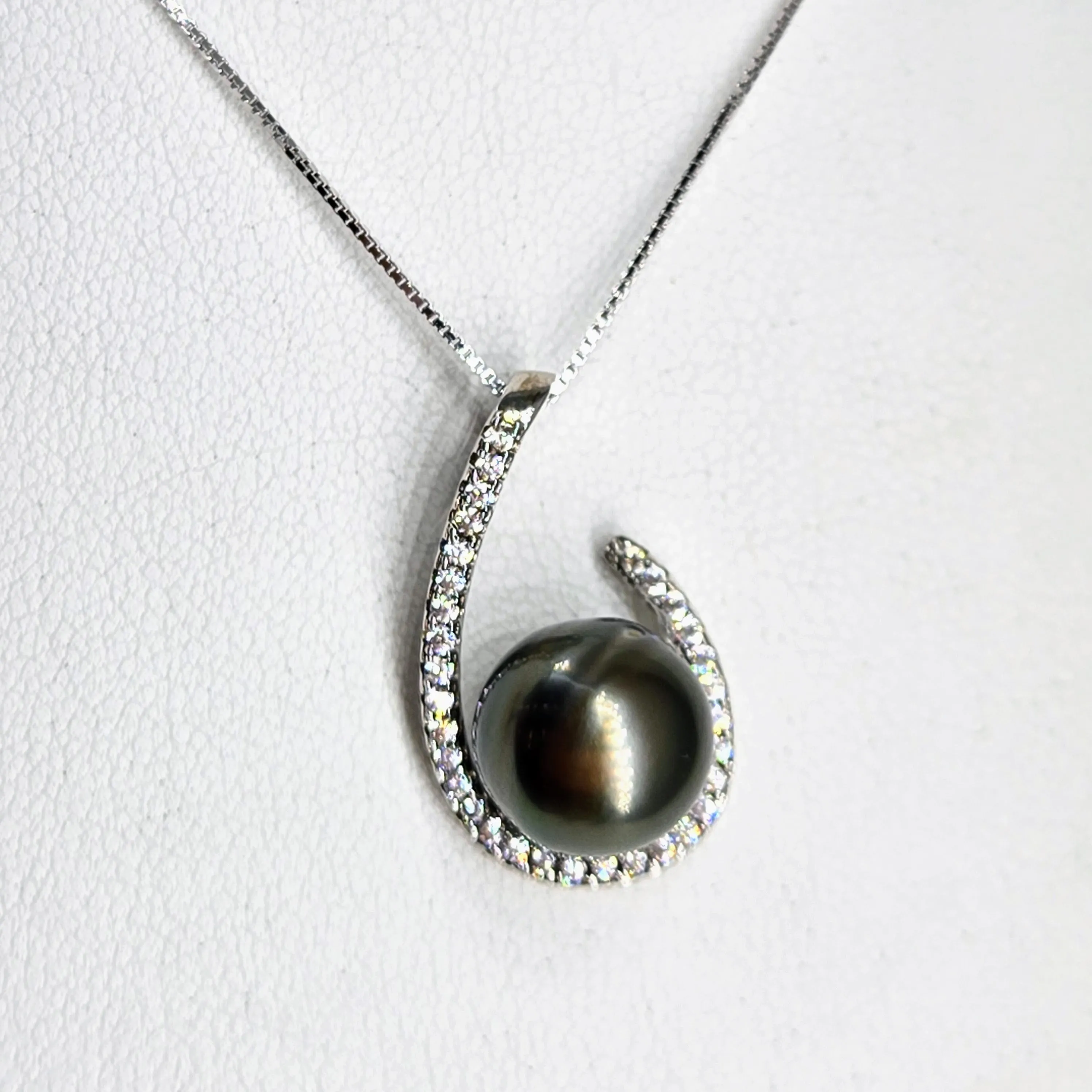 "Hooked On Tahitians" Pendant Necklace - Tahitian Pearl, Zircon Crystals, Anti-tarnish Sterling