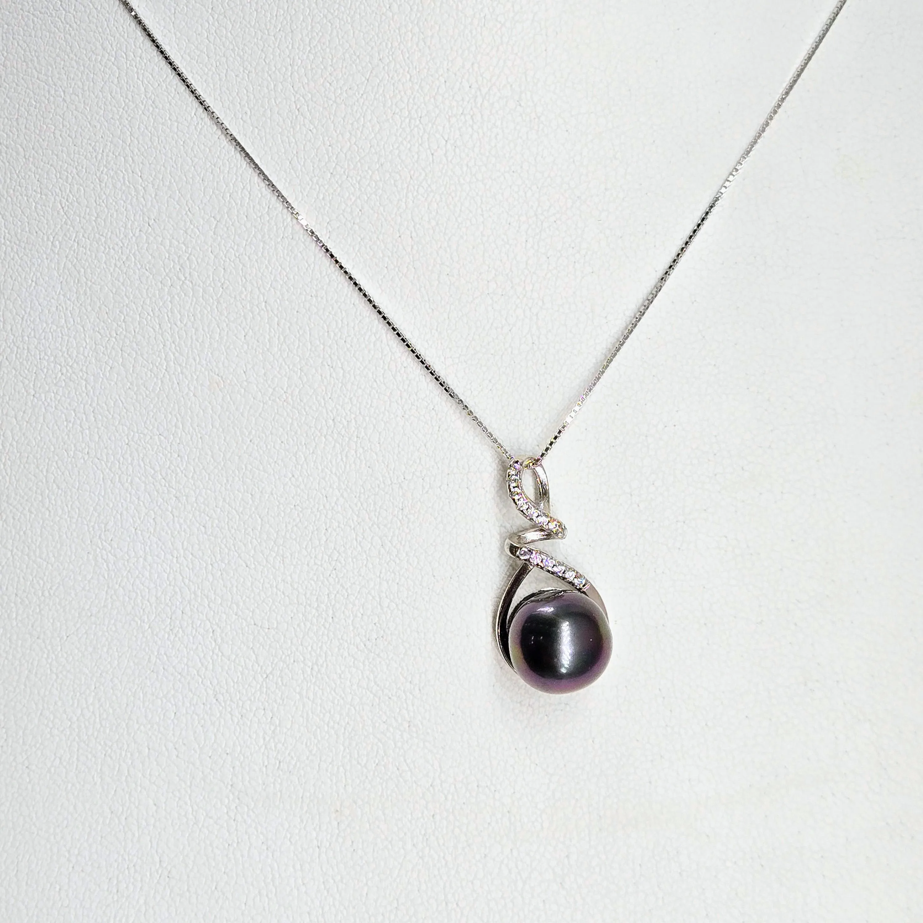 "Tahitian Treat #16" Pendant Necklace - Tahitian Pearl, Zircon Crystals, Anti-tarnish Sterling