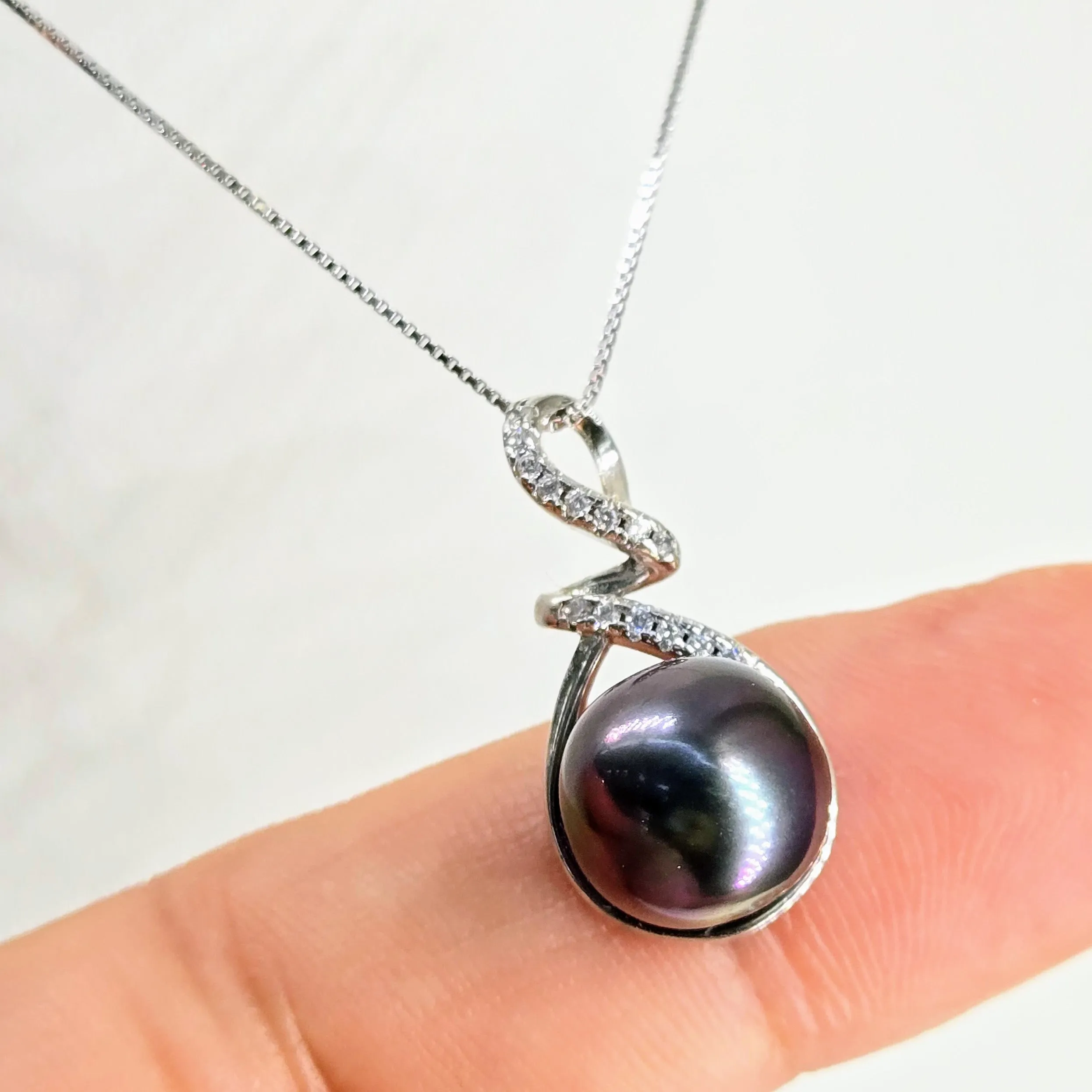 "Tahitian Treat #16" Pendant Necklace - Tahitian Pearl, Zircon Crystals, Anti-tarnish Sterling