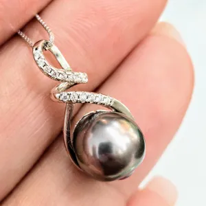 "Tahitian Treat #16" Pendant Necklace - Tahitian Pearl, Zircon Crystals, Anti-tarnish Sterling
