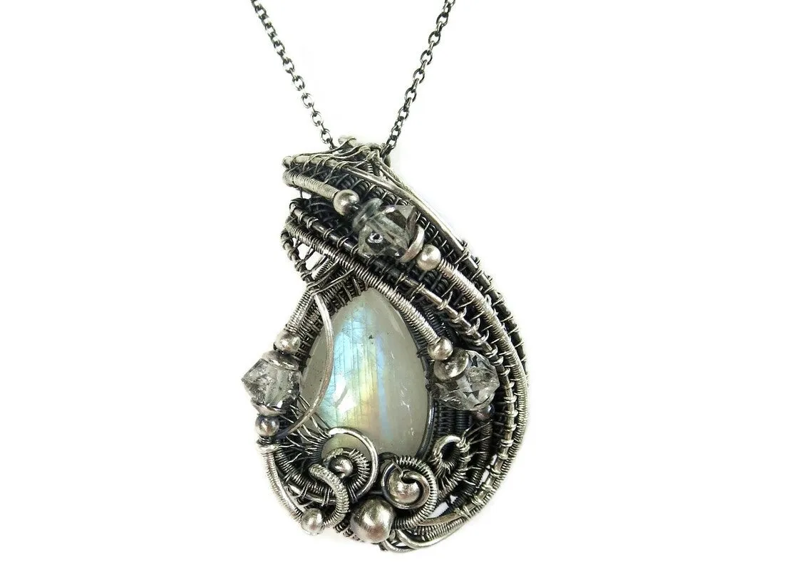 Rainbow Moonstone Pendant with Herkimer Diamonds