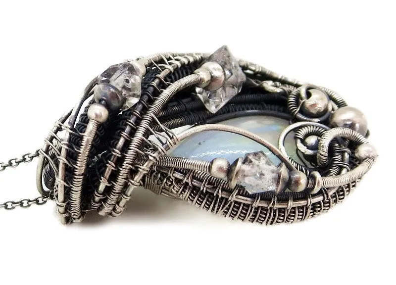 Rainbow Moonstone Pendant with Herkimer Diamonds