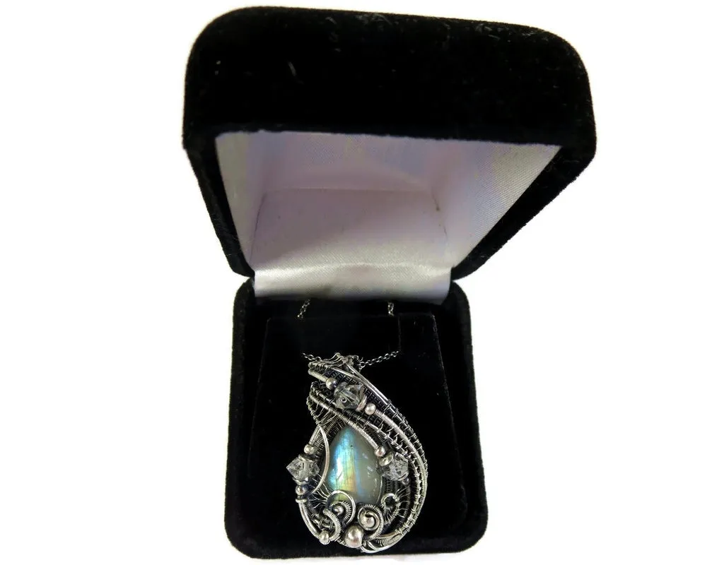 Rainbow Moonstone Pendant with Herkimer Diamonds