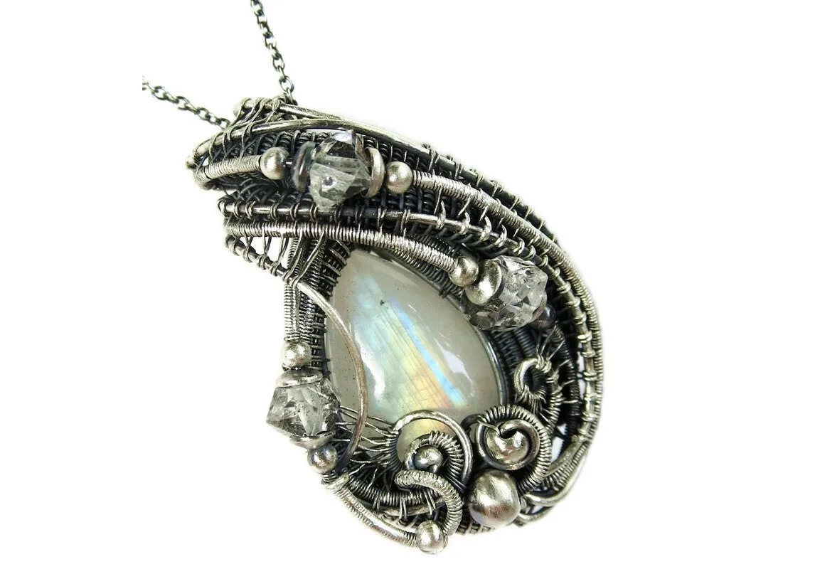 Rainbow Moonstone Pendant with Herkimer Diamonds