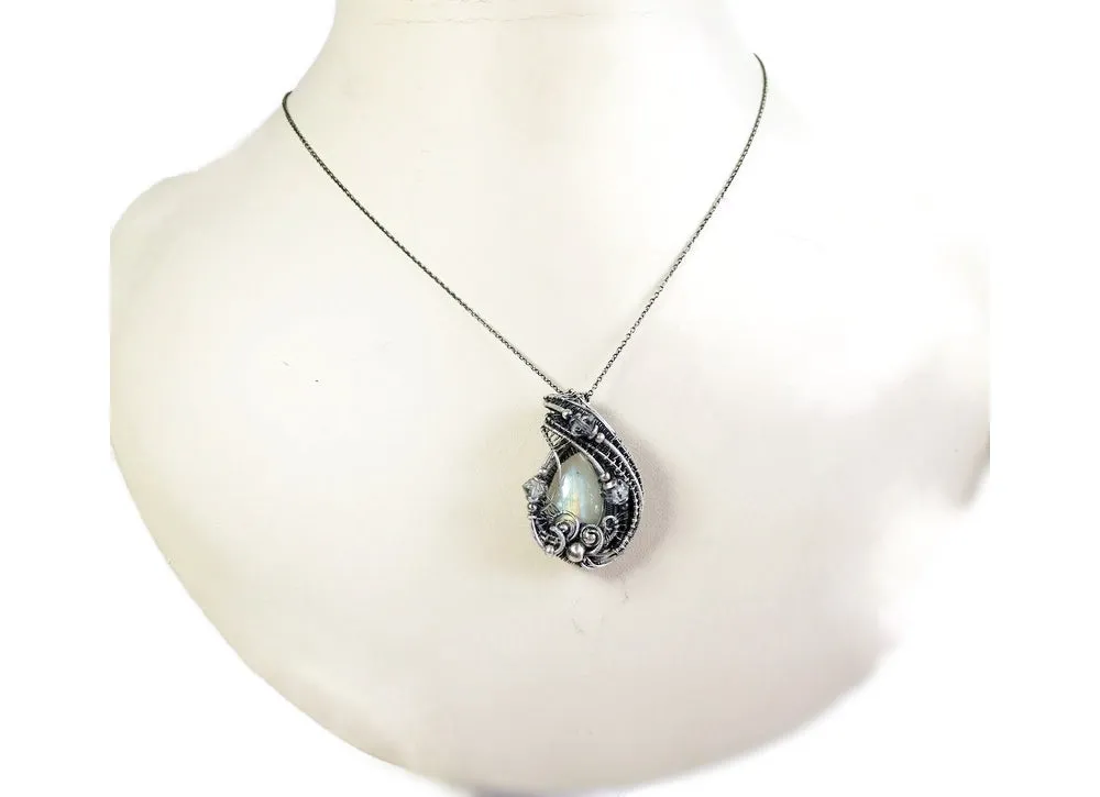 Rainbow Moonstone Pendant with Herkimer Diamonds
