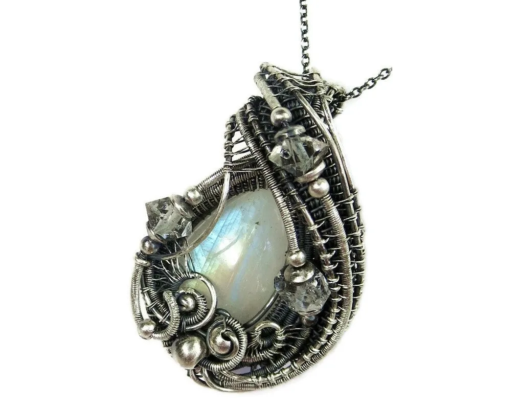 Rainbow Moonstone Pendant with Herkimer Diamonds