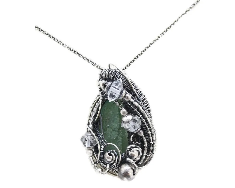 Raw Colombian Emerald Pendant with Herkimer Diamonds, Sterling Silver Wire Wrap