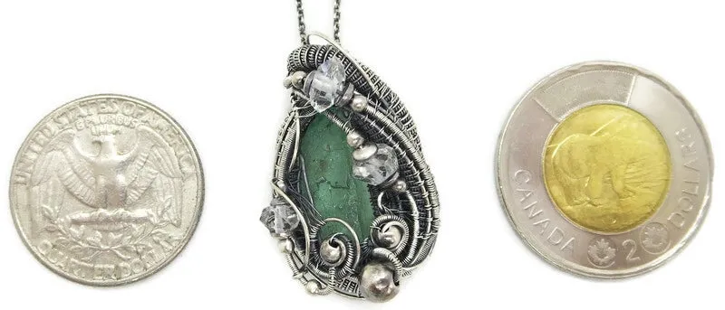Raw Colombian Emerald Pendant with Herkimer Diamonds, Sterling Silver Wire Wrap