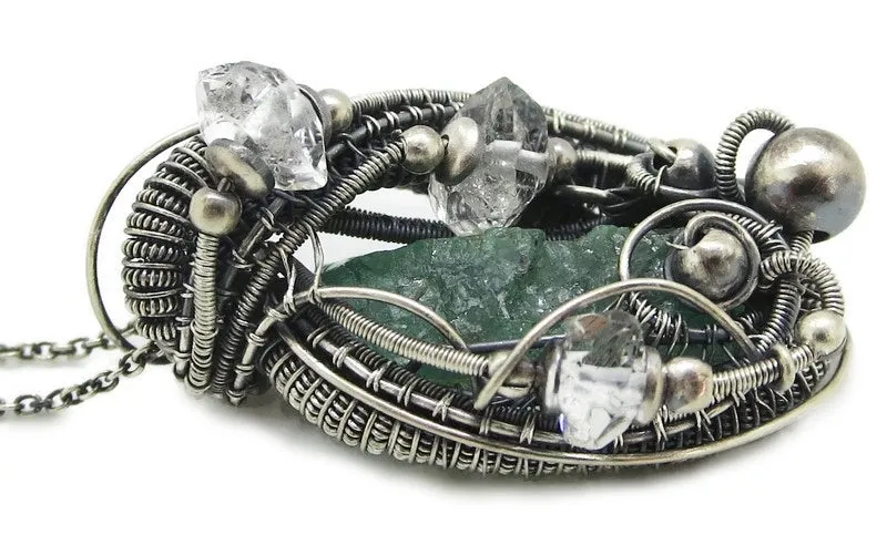 Raw Colombian Emerald Pendant with Herkimer Diamonds, Sterling Silver Wire Wrap