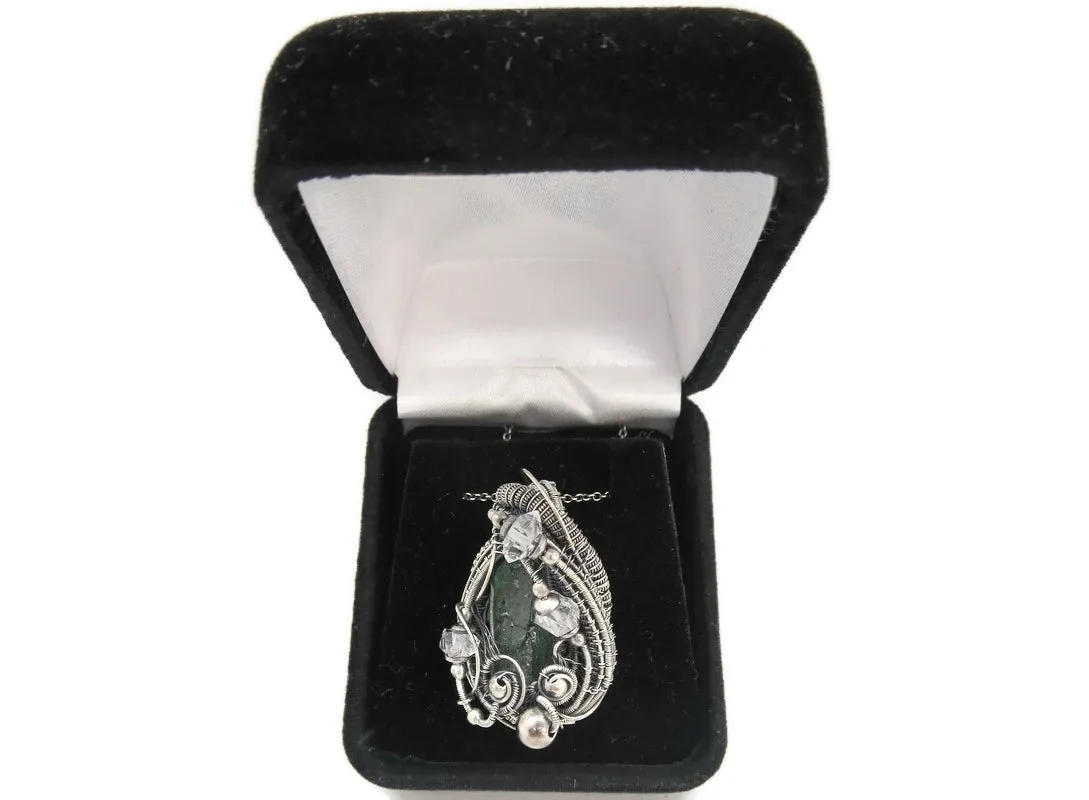 Raw Colombian Emerald Pendant with Herkimer Diamonds, Sterling Silver Wire Wrap