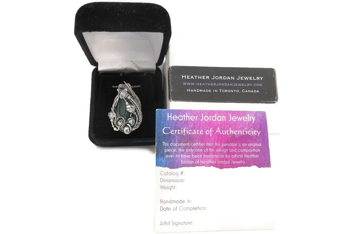 Raw Colombian Emerald Pendant with Herkimer Diamonds, Sterling Silver Wire Wrap