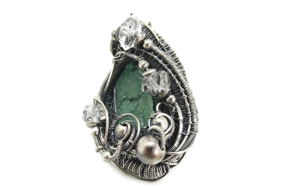 Raw Colombian Emerald Pendant with Herkimer Diamonds, Sterling Silver Wire Wrap