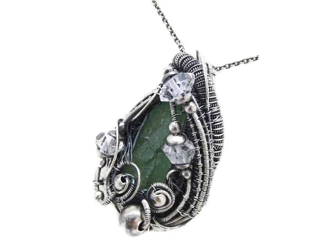 Raw Colombian Emerald Pendant with Herkimer Diamonds, Sterling Silver Wire Wrap