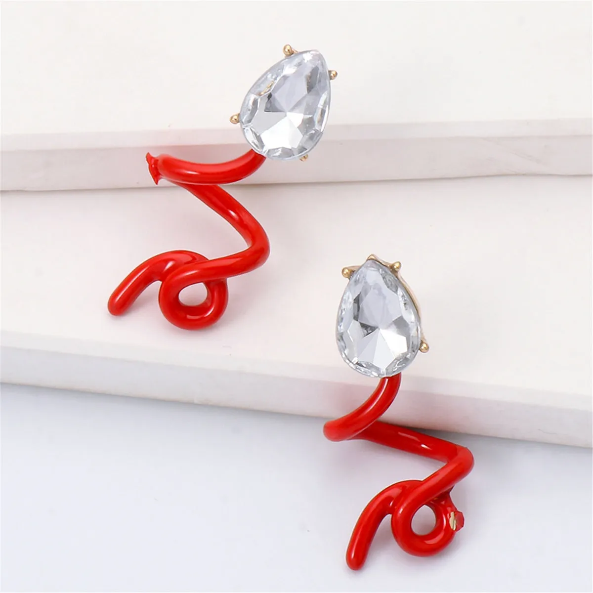 Red & Crystal Swirling Snake Drop Earrings