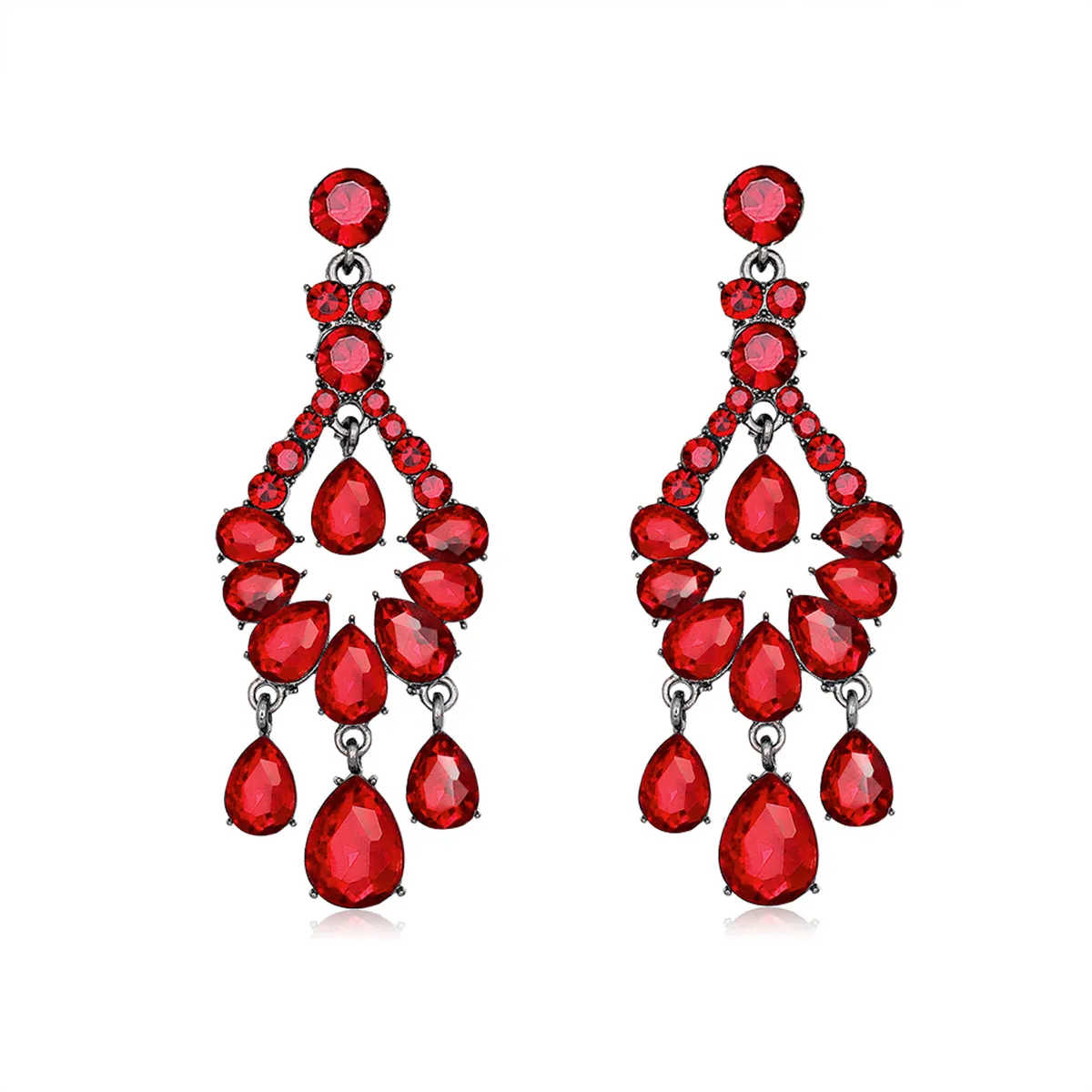 Red & Cubic Zirconia Tiered Teardrop Earrings