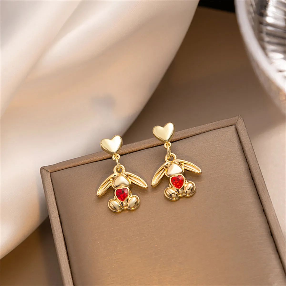 Red Crystal & 18K Gold-Plated Heart Rabbit Drop Earrings