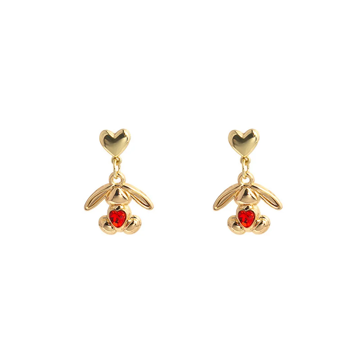 Red Crystal & 18K Gold-Plated Heart Rabbit Drop Earrings