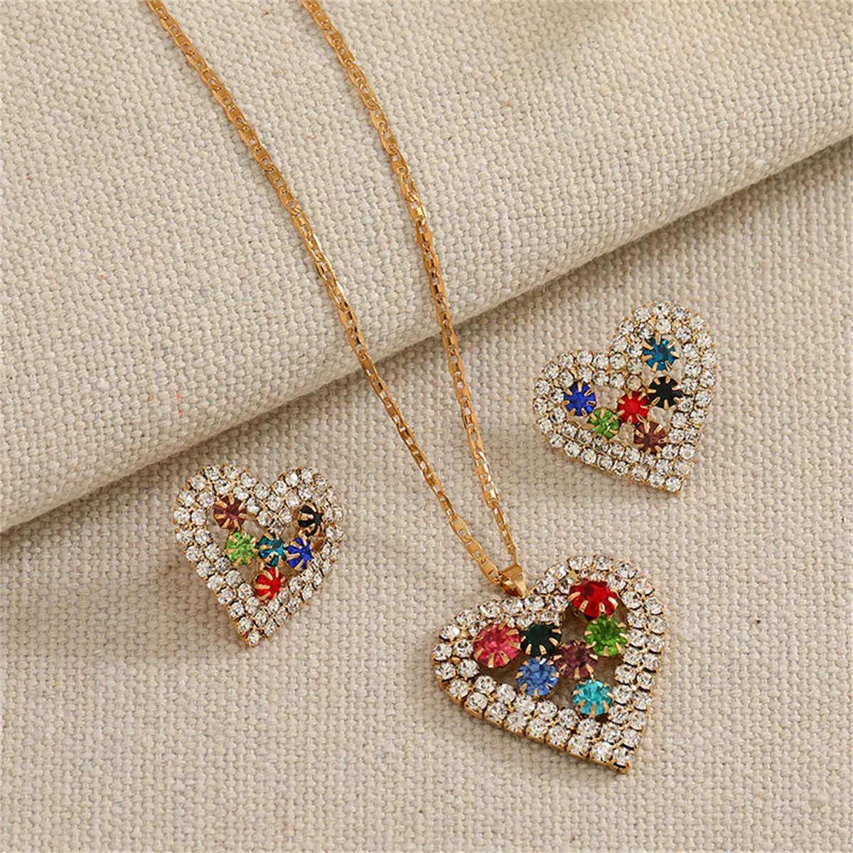 Red Crystal & Cubic Zirconia Heart Pendant Necklace Set