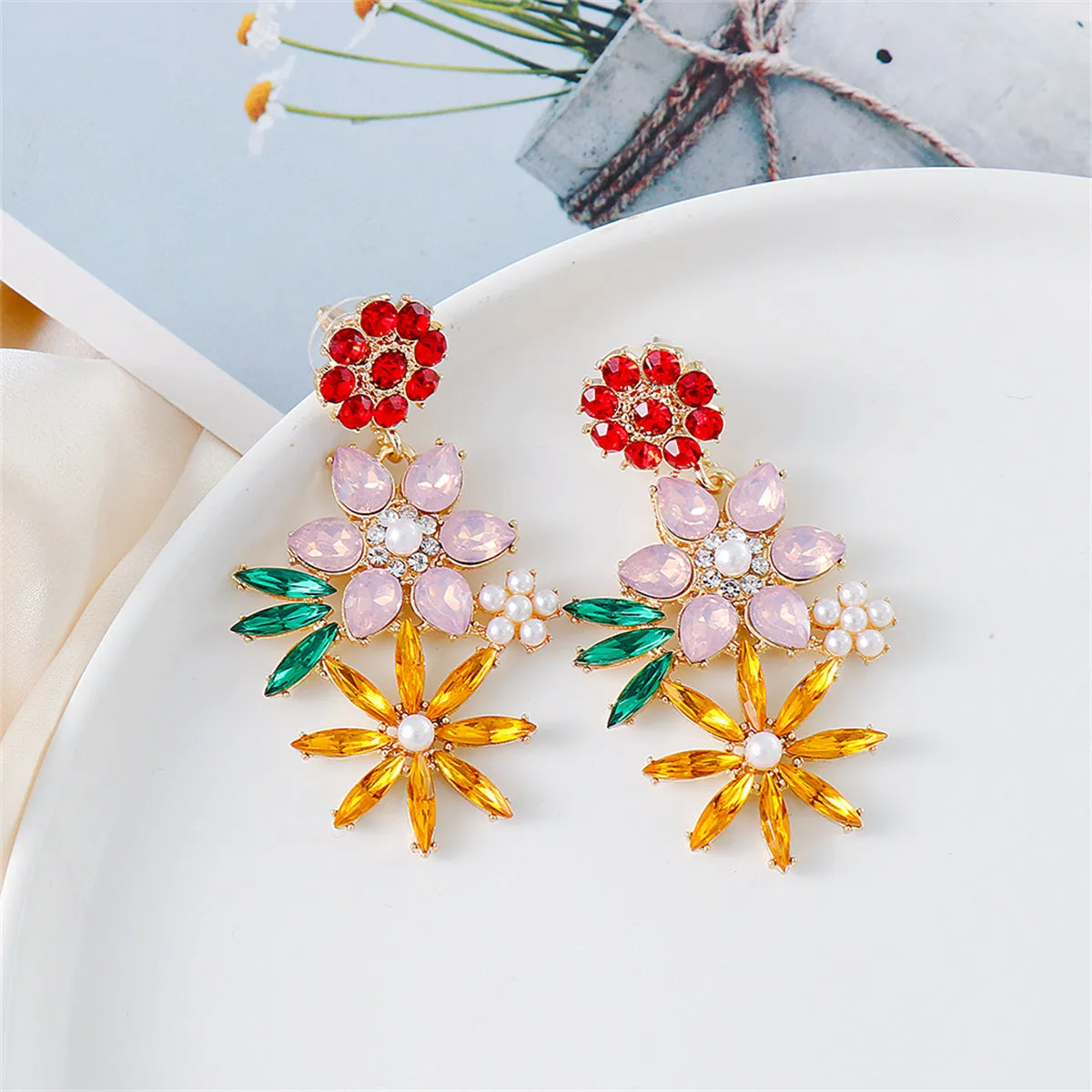 Red Multicolor Crystal & Cubic Zirconia Floral Drop Earrings