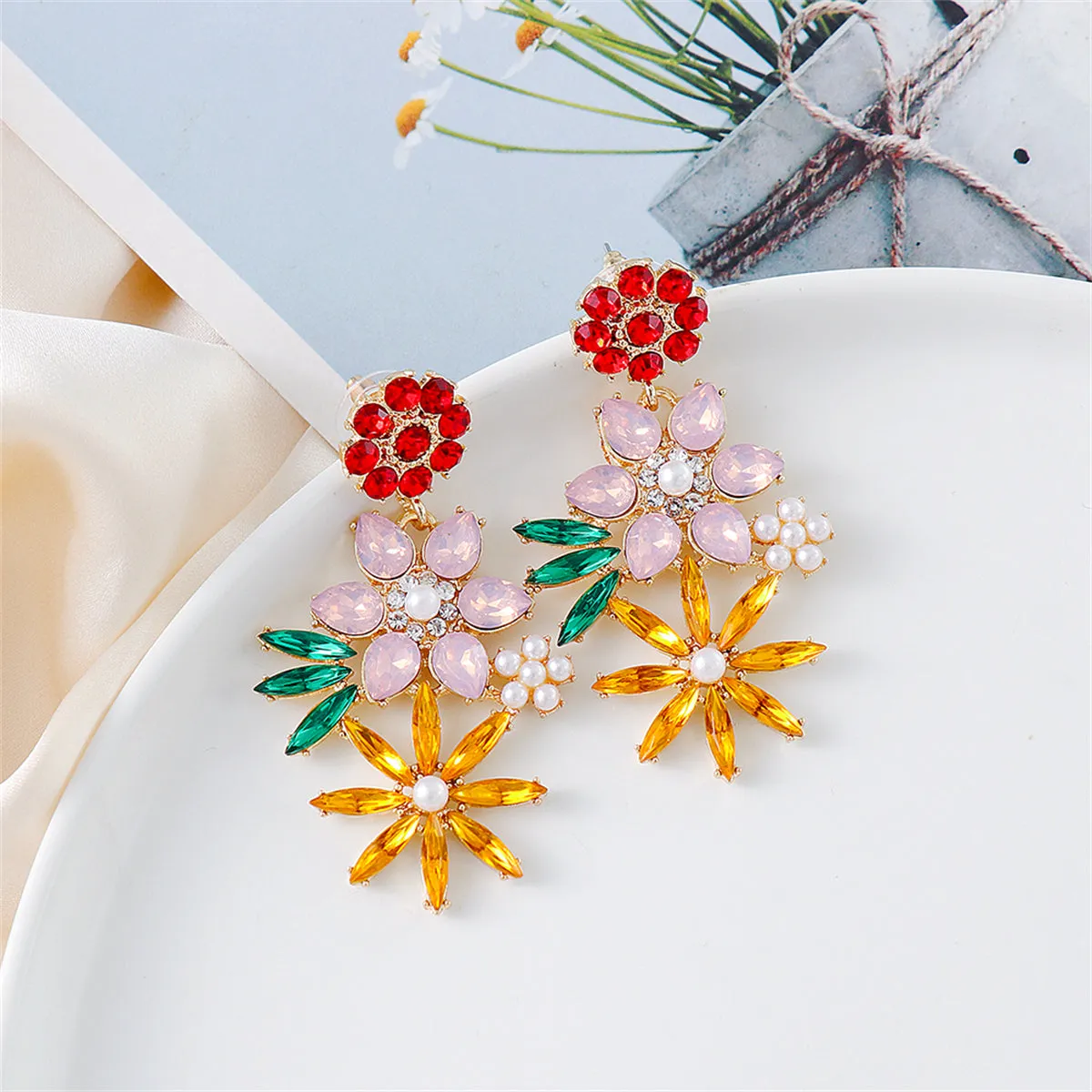 Red Multicolor Crystal & Cubic Zirconia Floral Drop Earrings