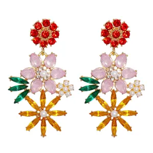 Red Multicolor Crystal & Cubic Zirconia Floral Drop Earrings