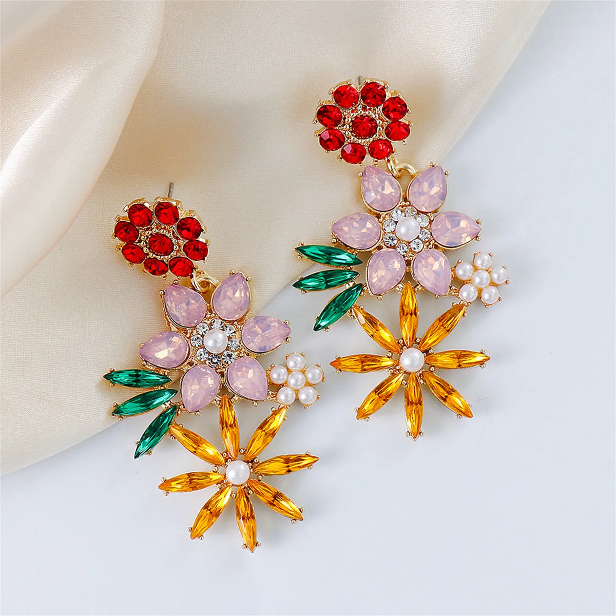 Red Multicolor Crystal & Cubic Zirconia Floral Drop Earrings