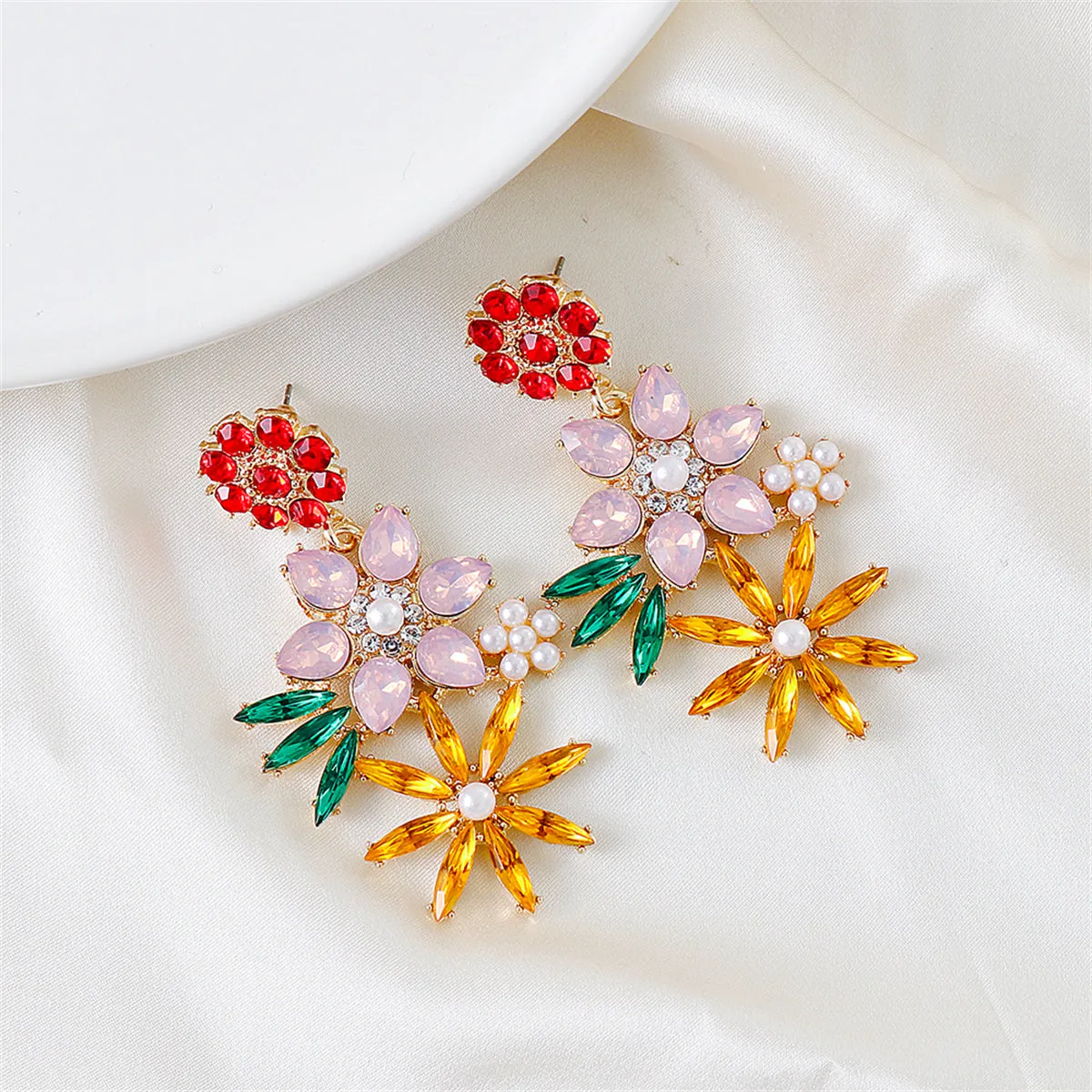 Red Multicolor Crystal & Cubic Zirconia Floral Drop Earrings